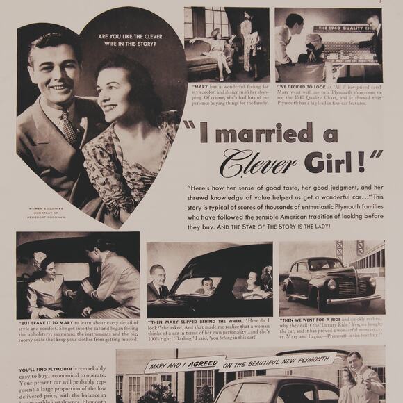 1940 Vintage Plymouth Print Ad "I Married a Clever Girl" Classic Car Advertising - Picture 1 of 11